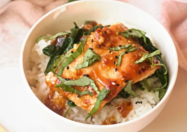 japanese salmon rice bowl spinach easy quick recipe