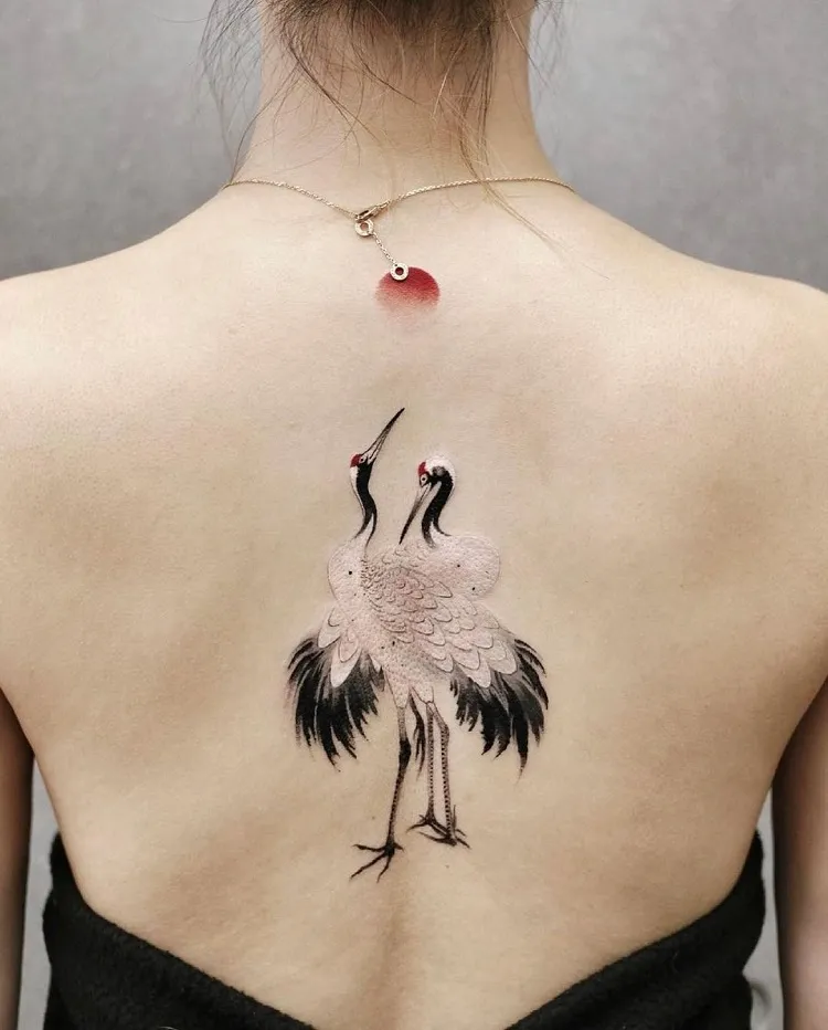 japanese style crane birds spine colorful tattoo design idea