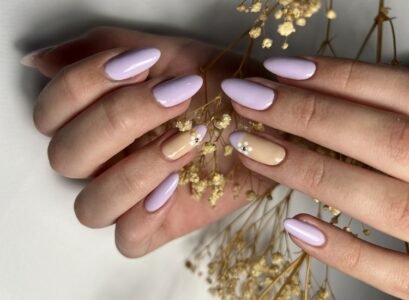 lavender purple nails almond shape pastel manicure long