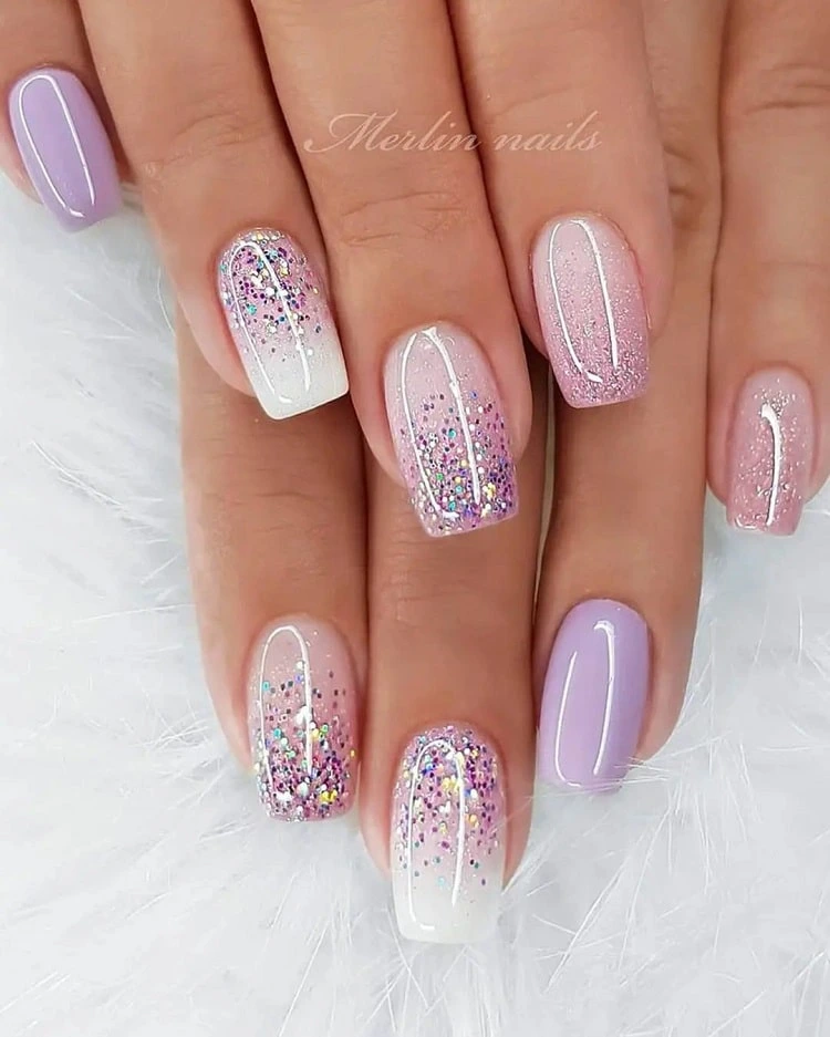 lilac and white ombre bridal nails lilac ombre with glitter wedding nails