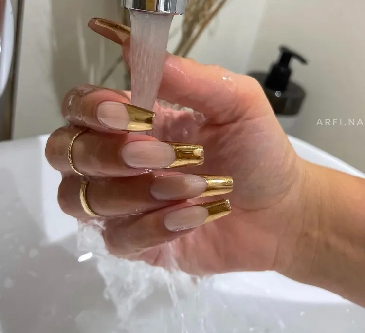 long coffin gold french tip nails 2023