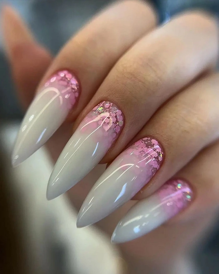 long pink and white ombre bridal nails with gloss glossy ombre wedding nails