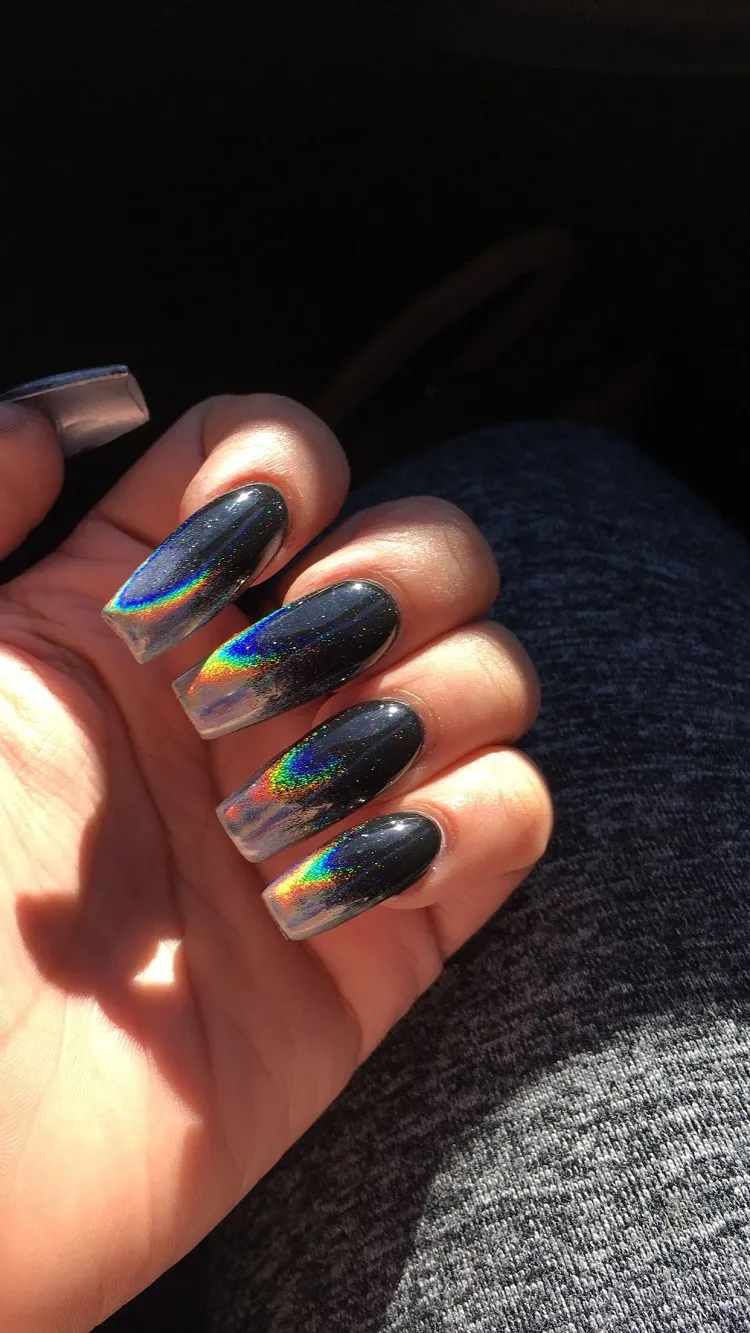 long square chrome nails black metallic ombre manicure fall 2023