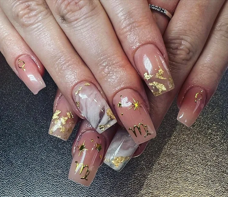 marble effect gold leaf elegant manicure virgo nails gold zodiac sign symbol