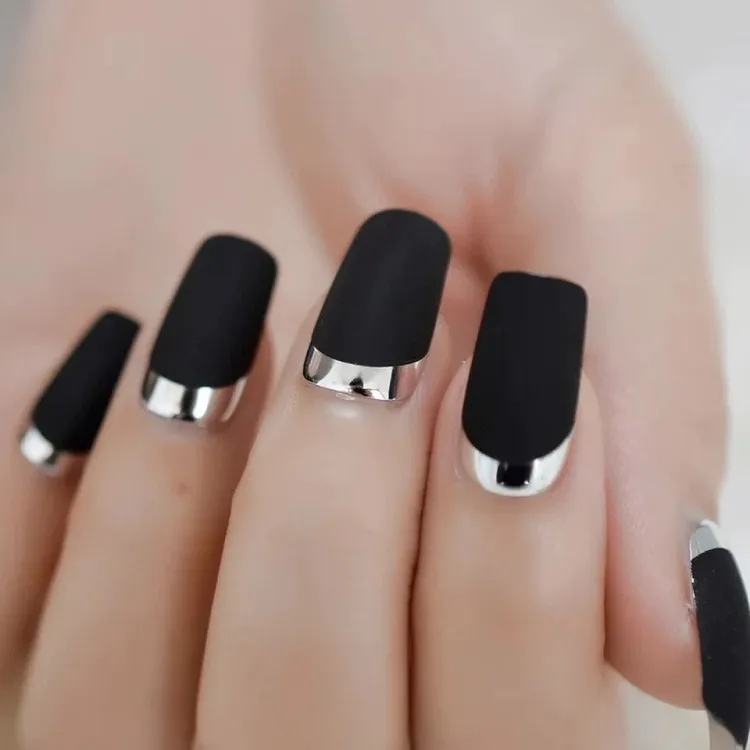 matte black reverse french silver chrome square nails design fall 2023