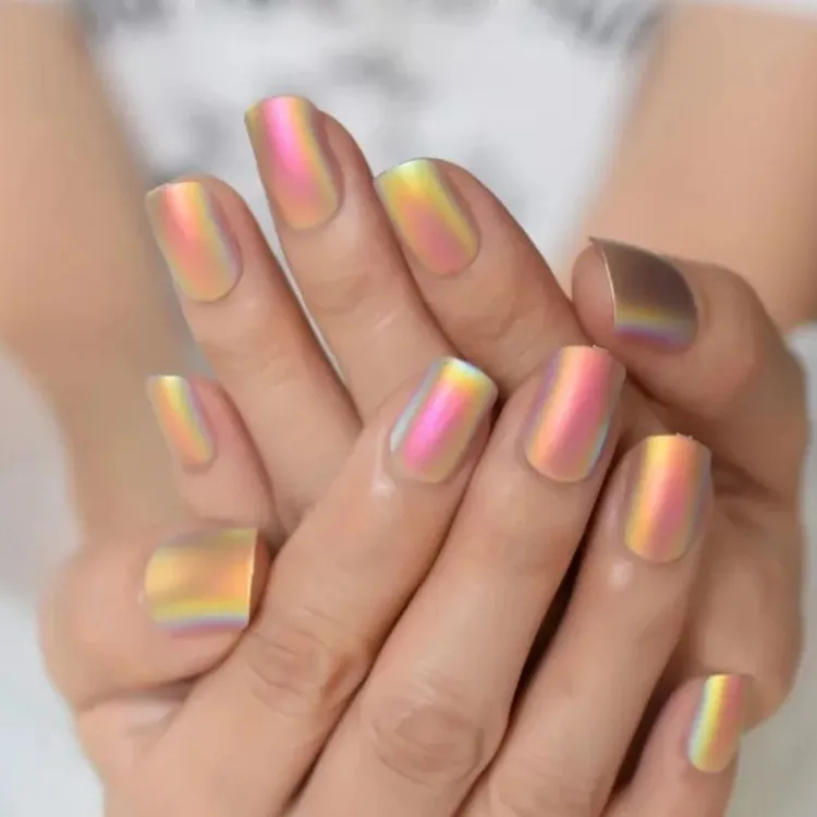 matte iridescent square chrome nails fun fall manicure ideas 2023