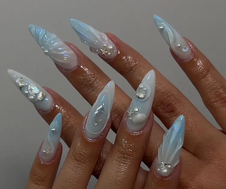 mermaid ombre nails white and blue manicure 3d summer