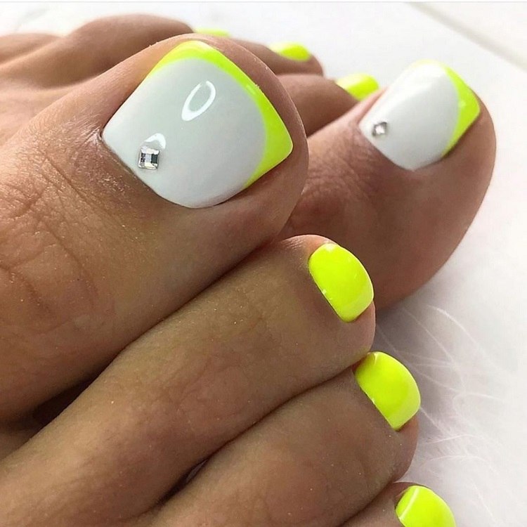 milky white neon yellow silver gemstone french pedicure design summer trends 2023