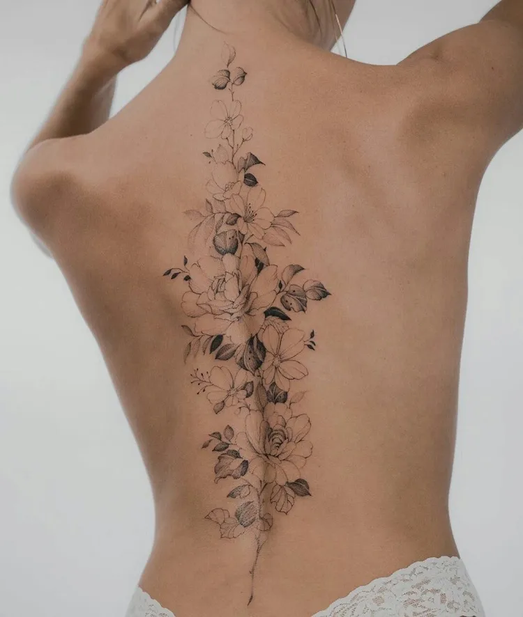 minimalist single needle roses spine tattoo design females back piece ideas