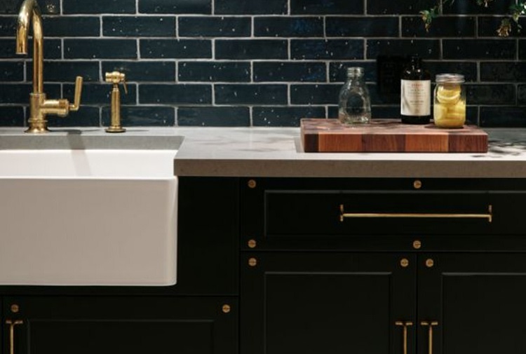 Modern Black Kitchen Cabinets Long T Bar Brass Hardware Subway Tile Backsplash 