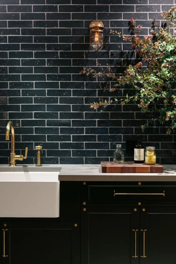 modern black kitchen cabinets long t bar brass hardware subway tile backsplash