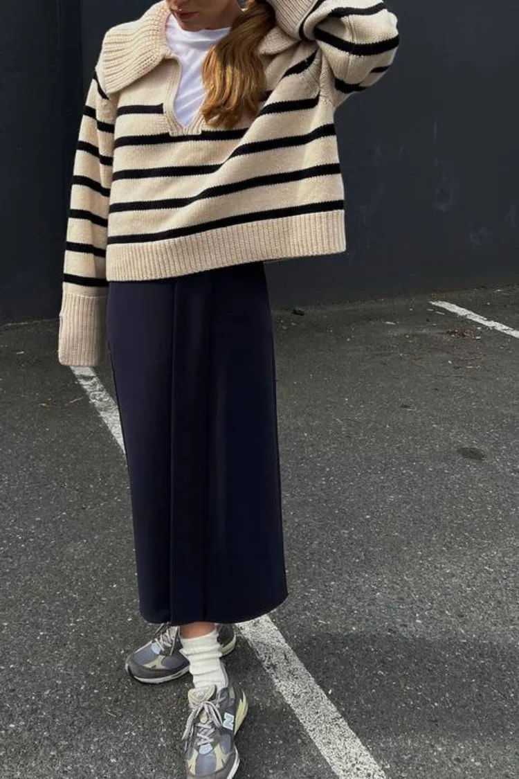 old money striped sweater white tee long straight navy skirt scrunched socks new balance sneakers 2023 casual fall outfit ideas
