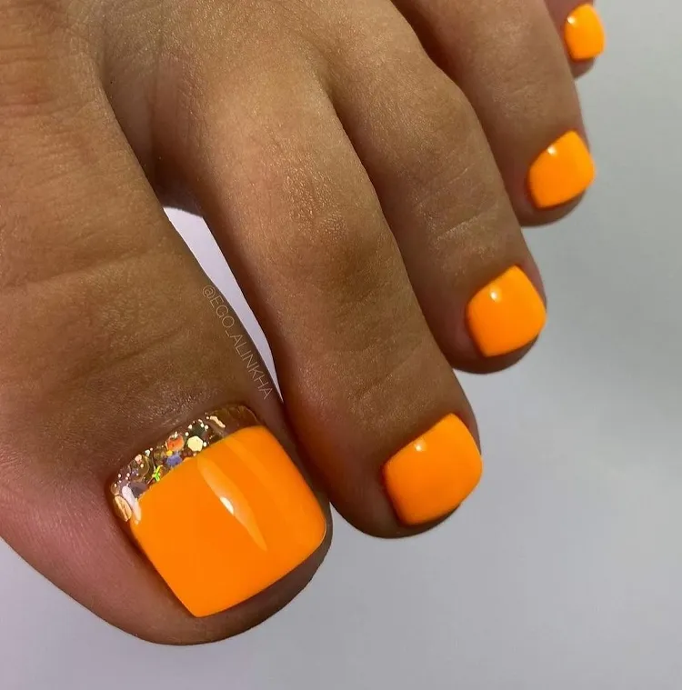orange pedicure glitter reverse french toe nails design idea summer 2023