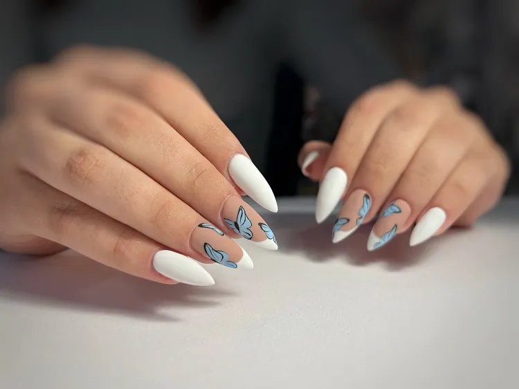 pastel blue butterfly decoration matte nails manicure
