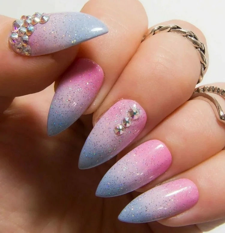 pink and blue ombre bridal nails pink and blue bridal nails with rhinestones