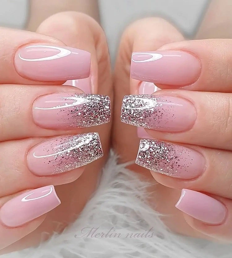 pink ombre wedding nails with glitter short coffin ombre wedding nails
