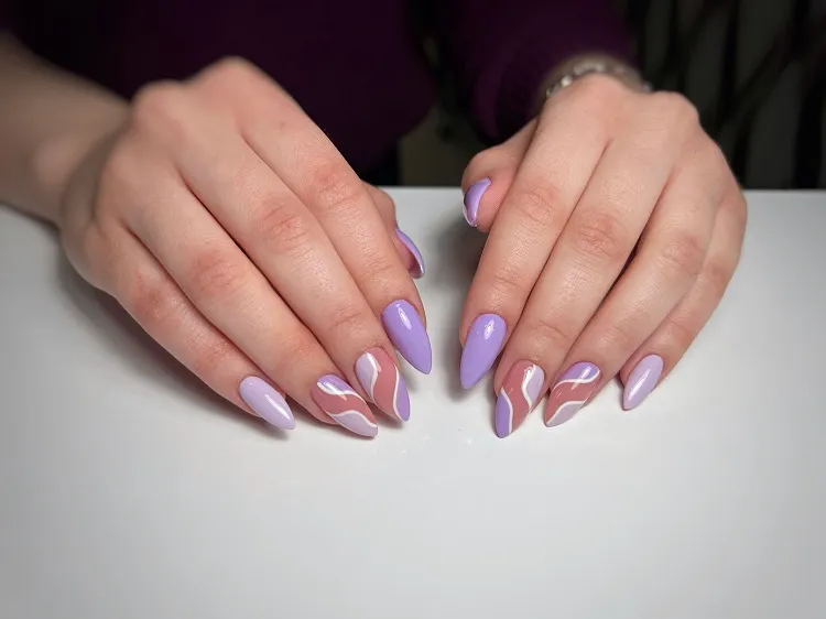 purple aesthetic pastel nails 2023 swirl decoration almond shape