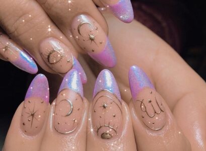 purple unicorn chrome french tips gold sun moon stars virgo zodiac sign symbol astrology nails birthday manicure 2023