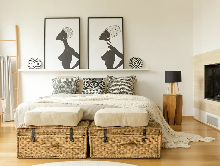 rattan box storage solution small bedroom arrangement ideas minimalist boho design