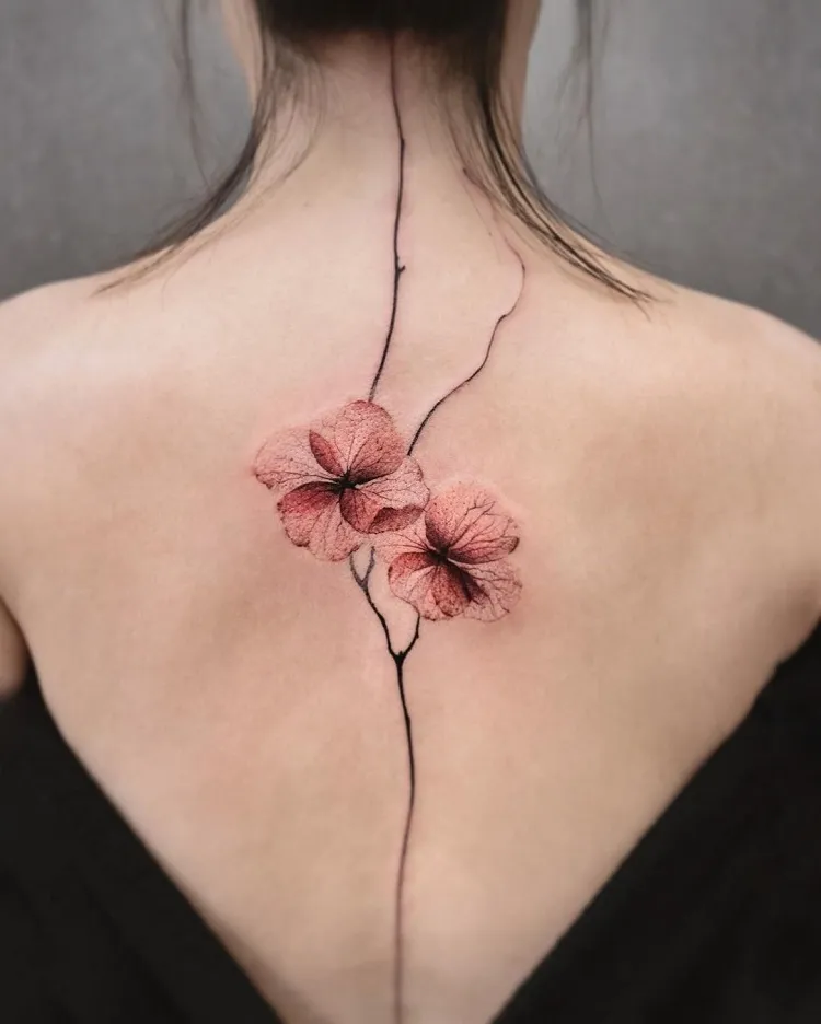 realistic cherry blossom spine tattoo minimalist single needle design