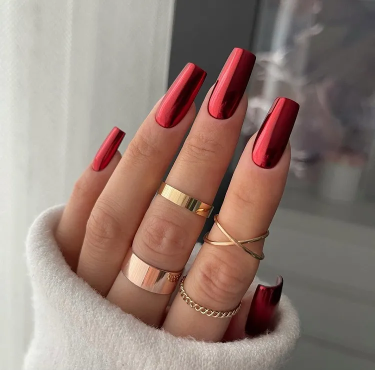 red chrome nails long square manicure fall design ideas 2023