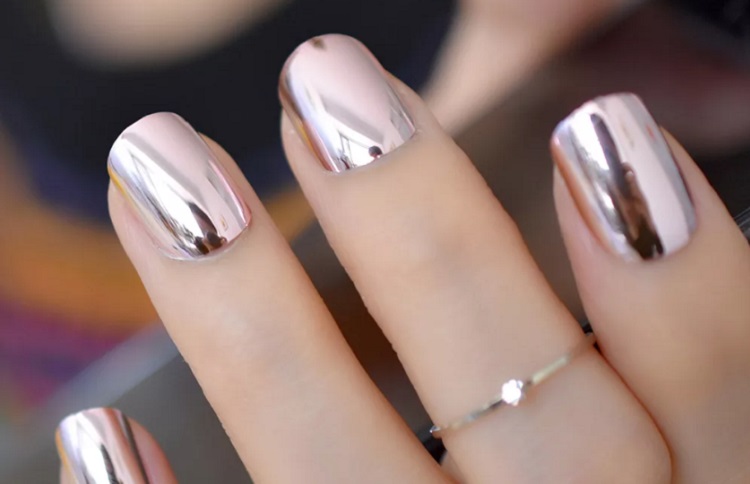 rose gold chrome nails metallic short square metallic manicure