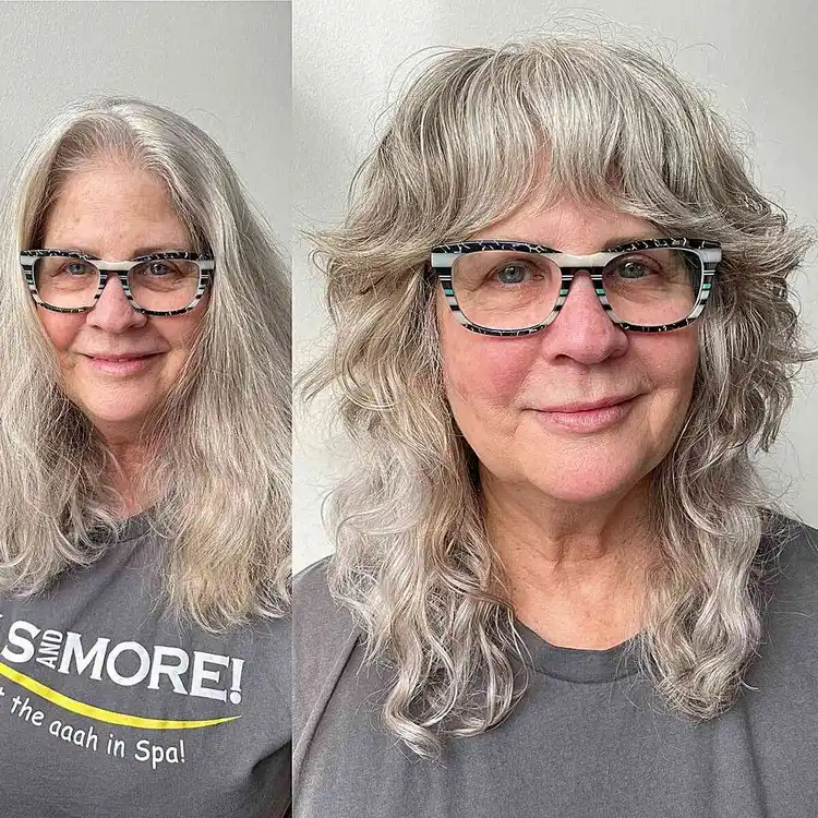 salt and pepper shag with thick bangs for women after 60