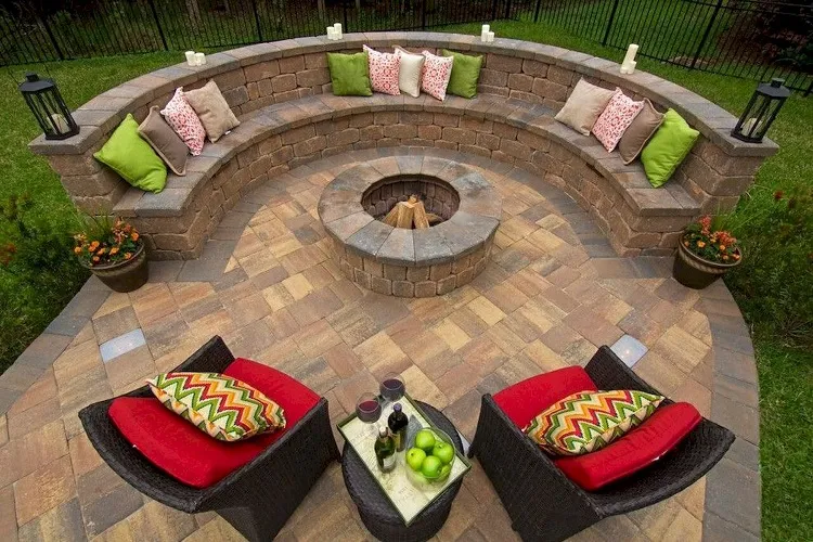semi circle patio design idea stone bench diy fire pit