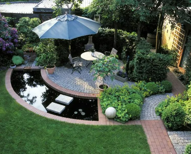 semi circle patio design small dining area planters artificial pond