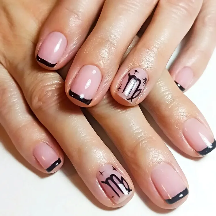 short square black french tips virgo nails zodiac sign symbol simple minimalist birthday manicure idea 2023