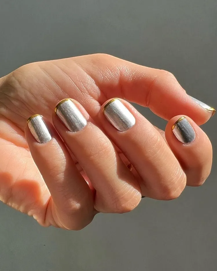 silver chrome short square nails gold metallic french tips manicure ideas 2023