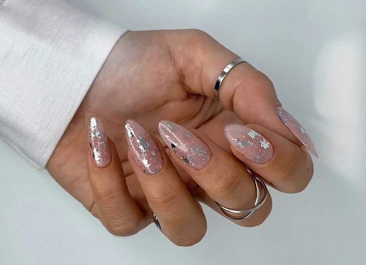 silver glitter nude nails silver nails with glitter