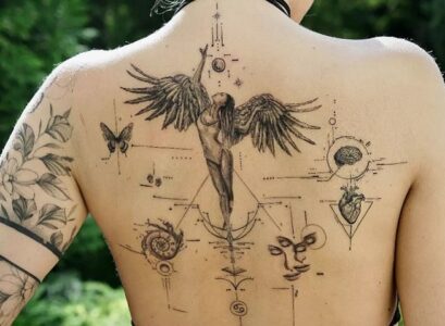 single needle female spine tattoo guardian angel modern abstract design idea