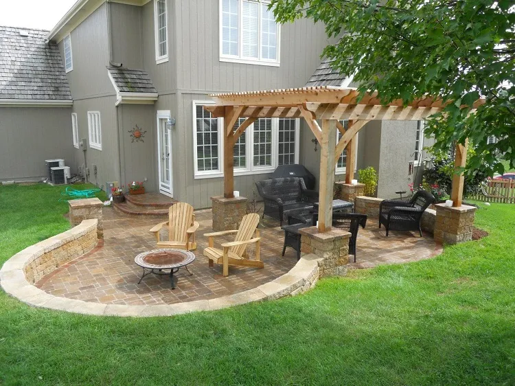 small semi circle backyard patio landscaping ideas pergola shade fire pit