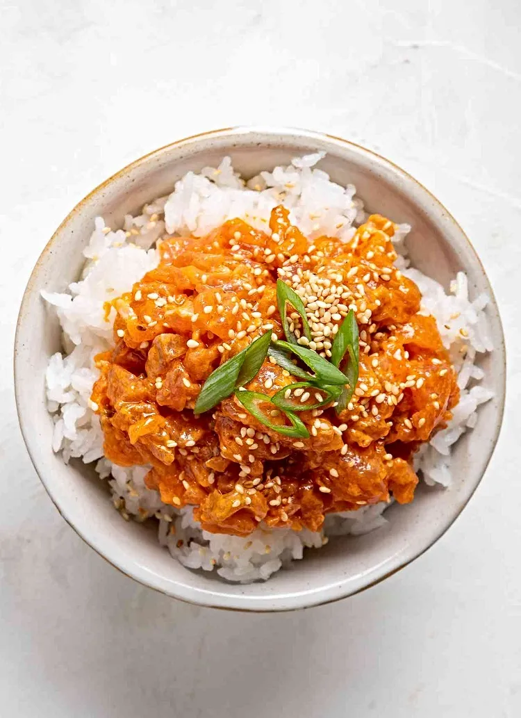 spicy tuna rice bowl recipe two servings simple asian dish