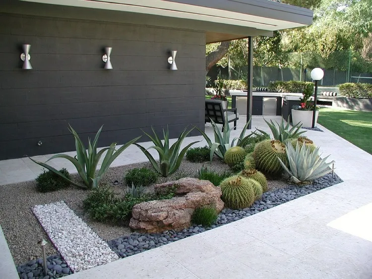 succulent front yard modern landscaping ideas gravel pebbles concrete slab pavement
