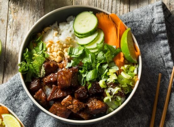 homemade thai beef and rice bowl