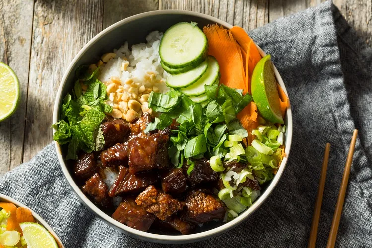 thai beef and rice bowl traditional homemade asian cuisine
