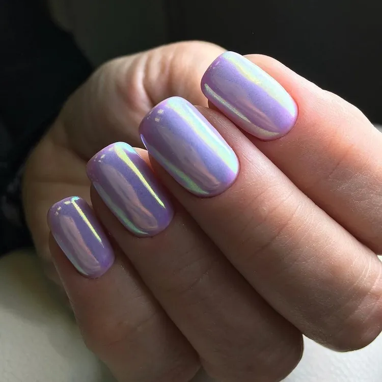 unicorn purple short square chrome nails iridescent manicure fall 2023