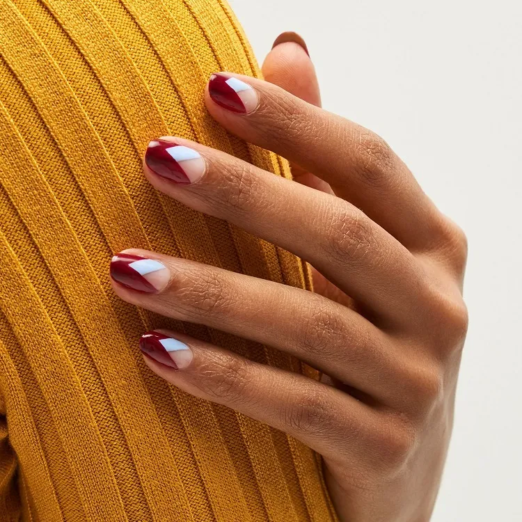 v shaped fall french manicure burgundy blue nail polish september nails 2023