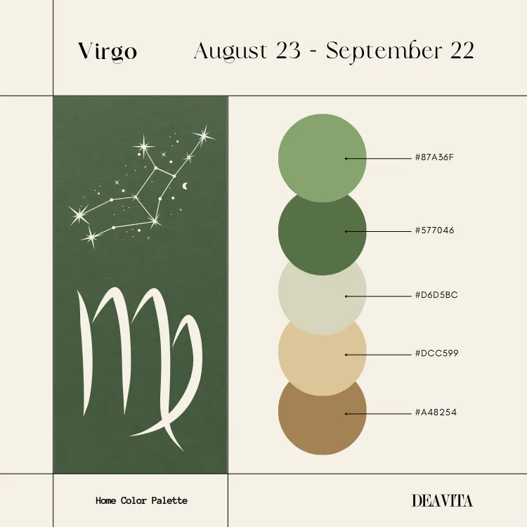 virgo interior design color palette earthy tones green beige brown