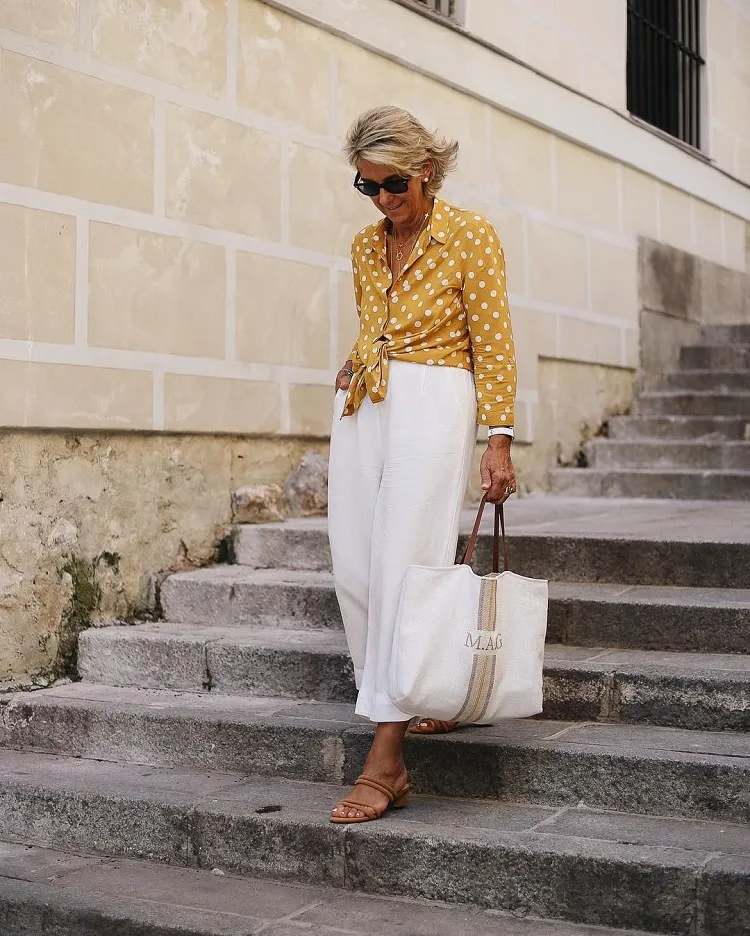 white baggy cropped pants polkat dot shirt cotton tote bag casual fashion women over 70