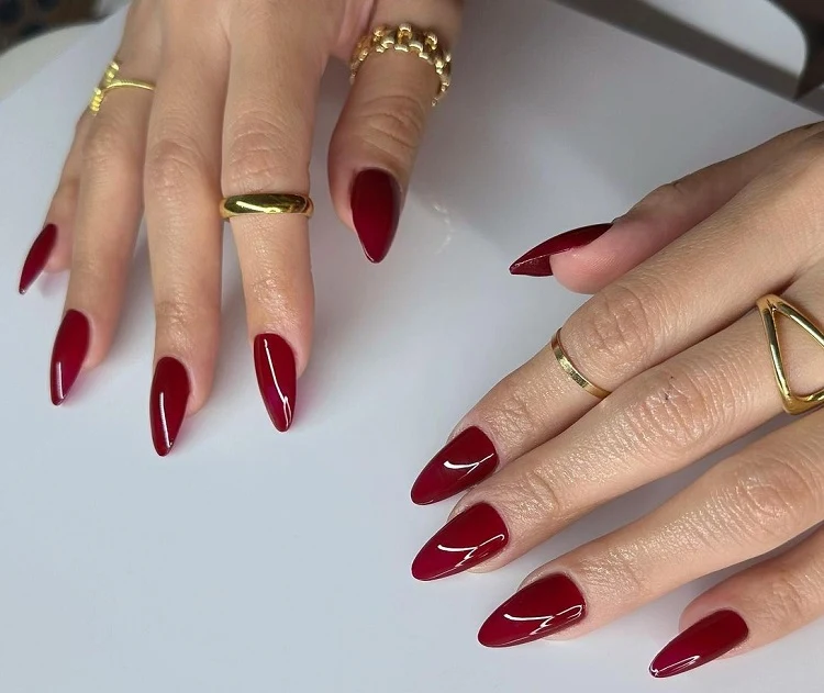 wine red almond shaped nails fall manicure ideas 2023