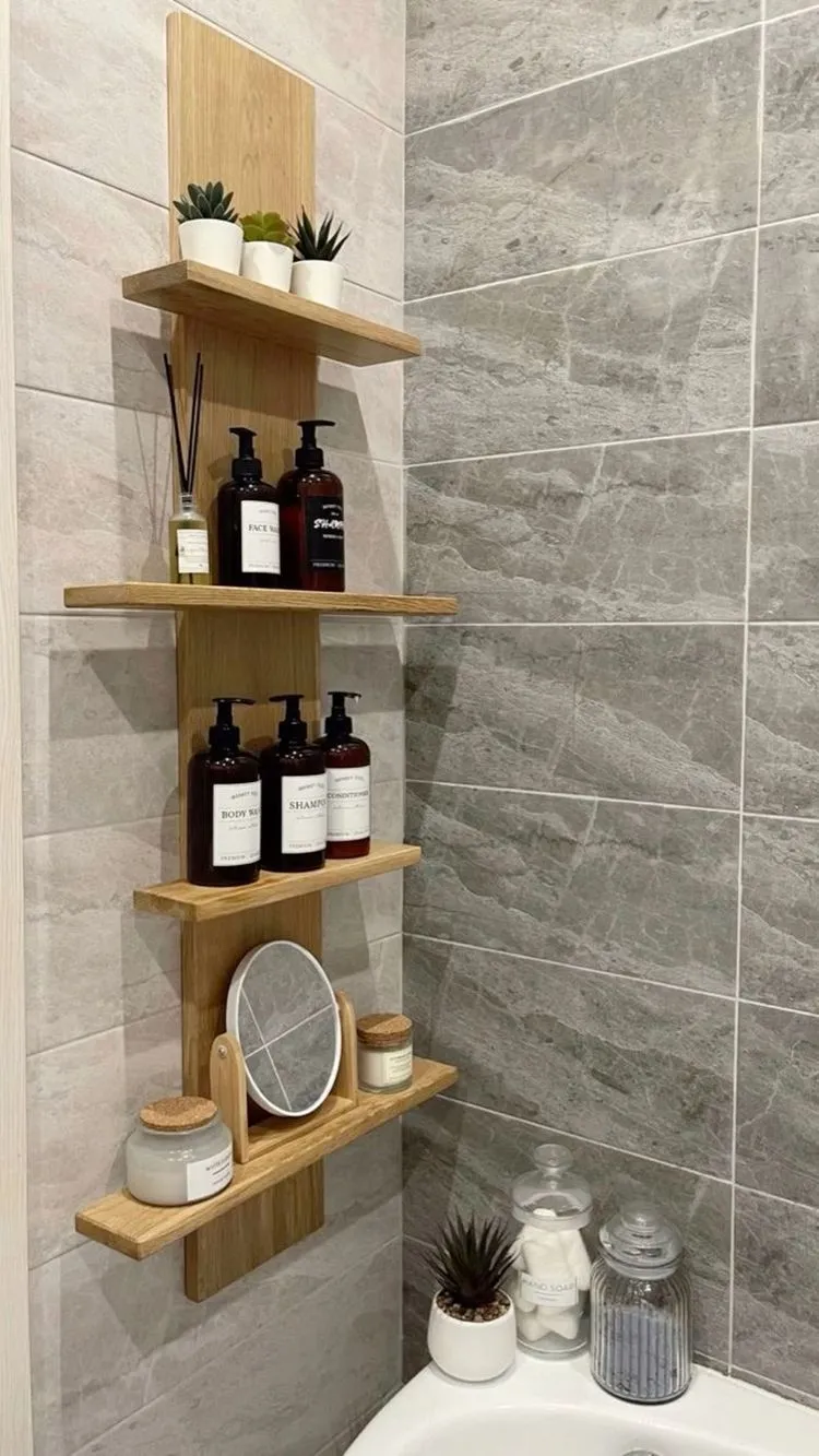 wooden wall mounted shower organizer bathroom decor ideas 2023