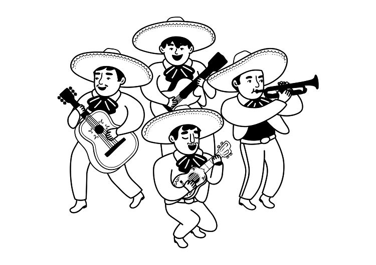 4 men mariachi band preschool students free coloring page hispanic heritage month latino culture celebration