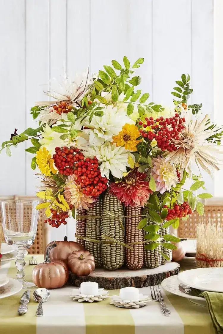 diy fall table centerpiece fall flowers and corn