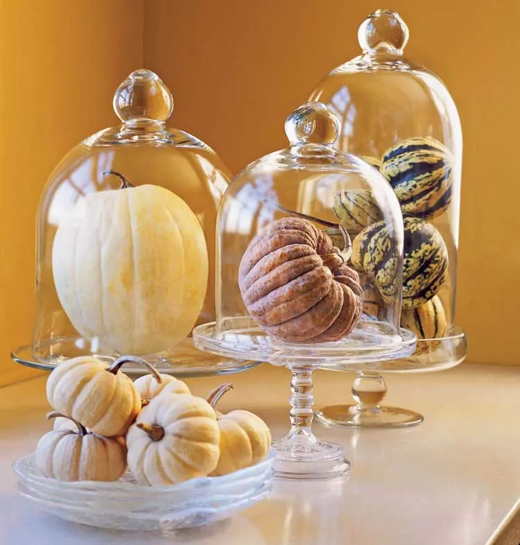 diy fall table centerpiece ideas pumpkins glass bell jar
