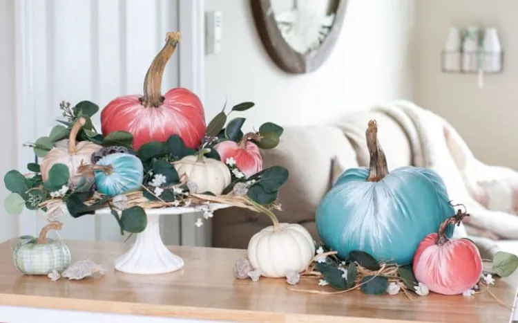 diy fall table centerpiece velvet pumpkins in pastel colors