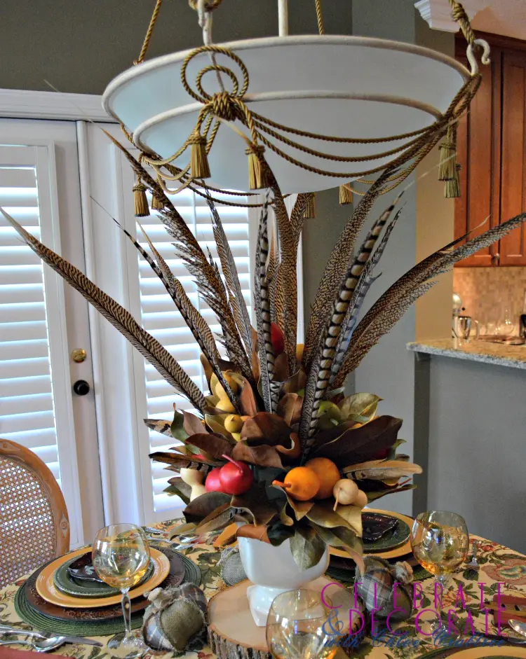 diy table centerpiece ideas bay leaves mini gourds pheasant feathers 
