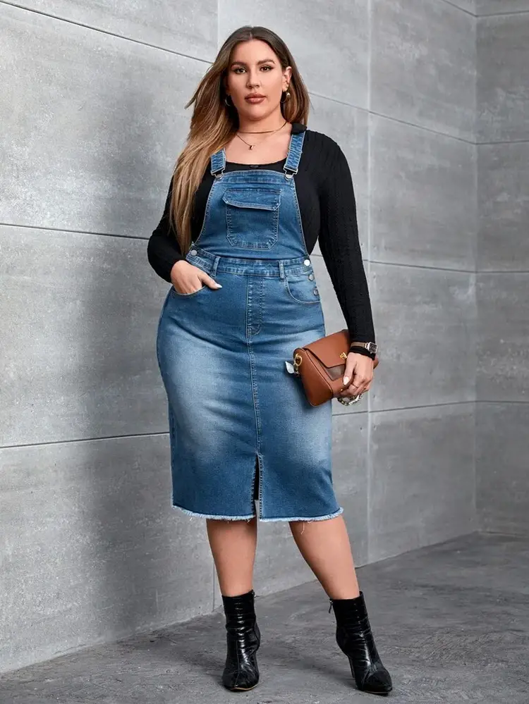 plus size overall denim dress fall casual outfits curvy women
